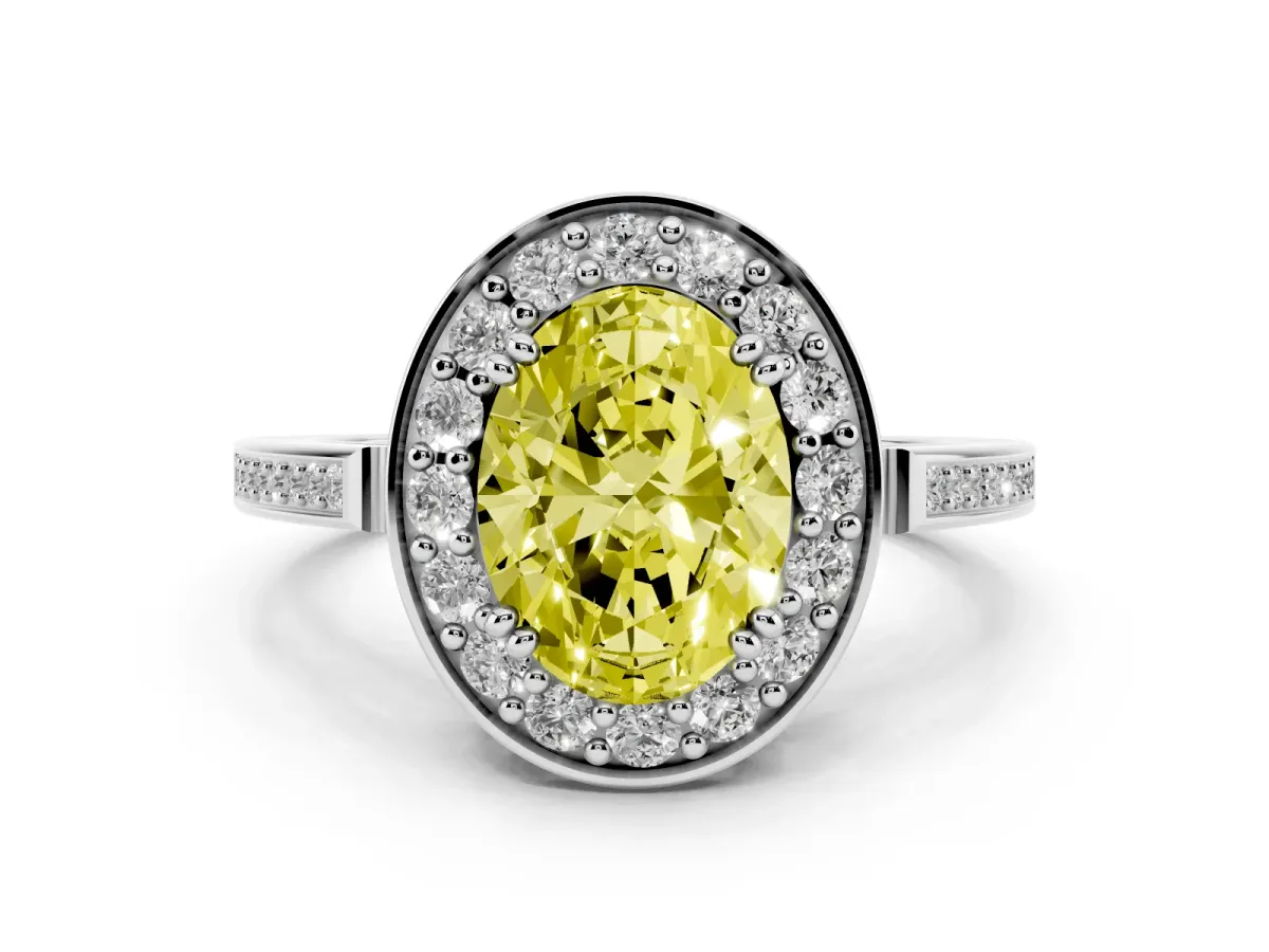 Fancy Yellow Oval Cut Diamond Halo Ring Set in Platinum with Accent-Lined Split Shank and Prong Setting
