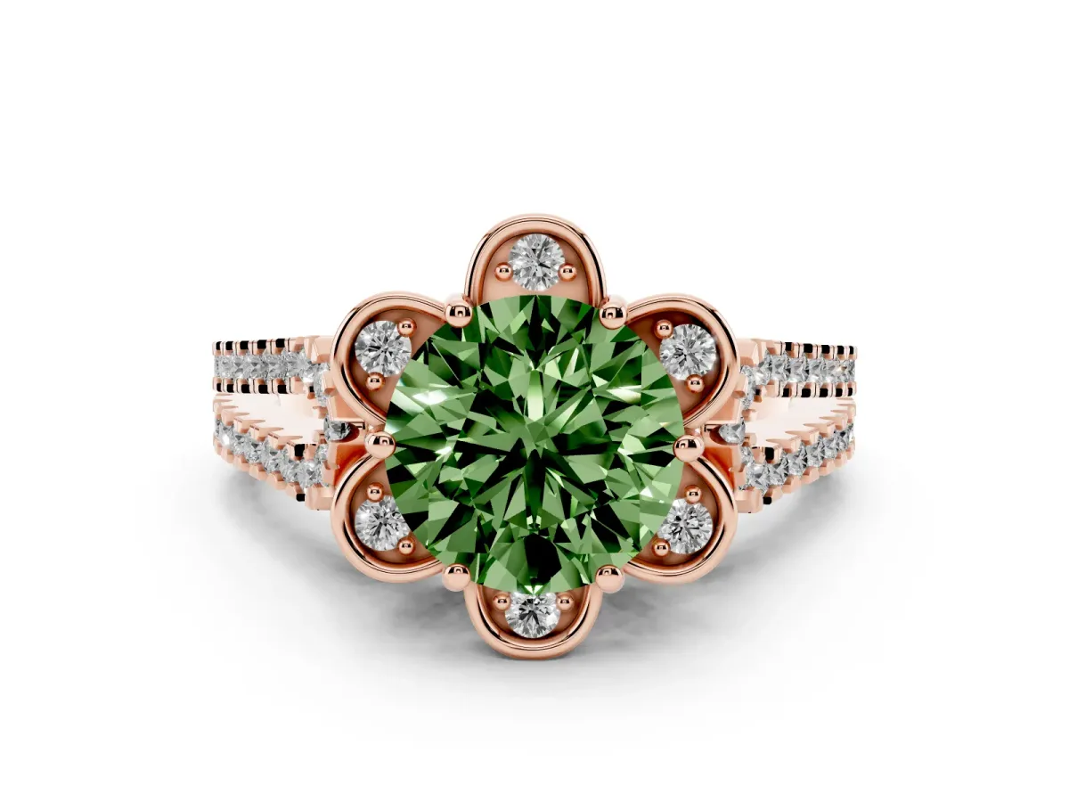 Fancy Green Round Cut Diamond Floral Halo Split Shank Engagement Ring Set in Rose gold with Pavé Shank