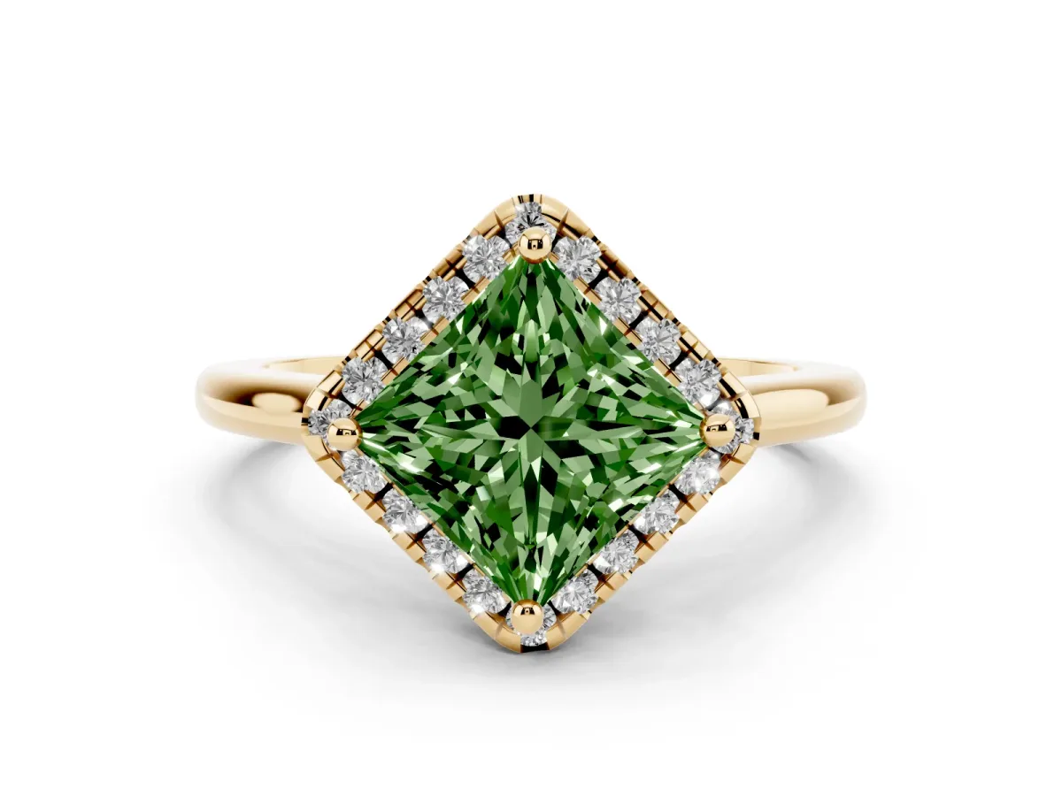 Fancy Green Princess Cut Diamond Halo Engagement Ring Set in Yellow gold with Pavé Band and Rising Shoulders