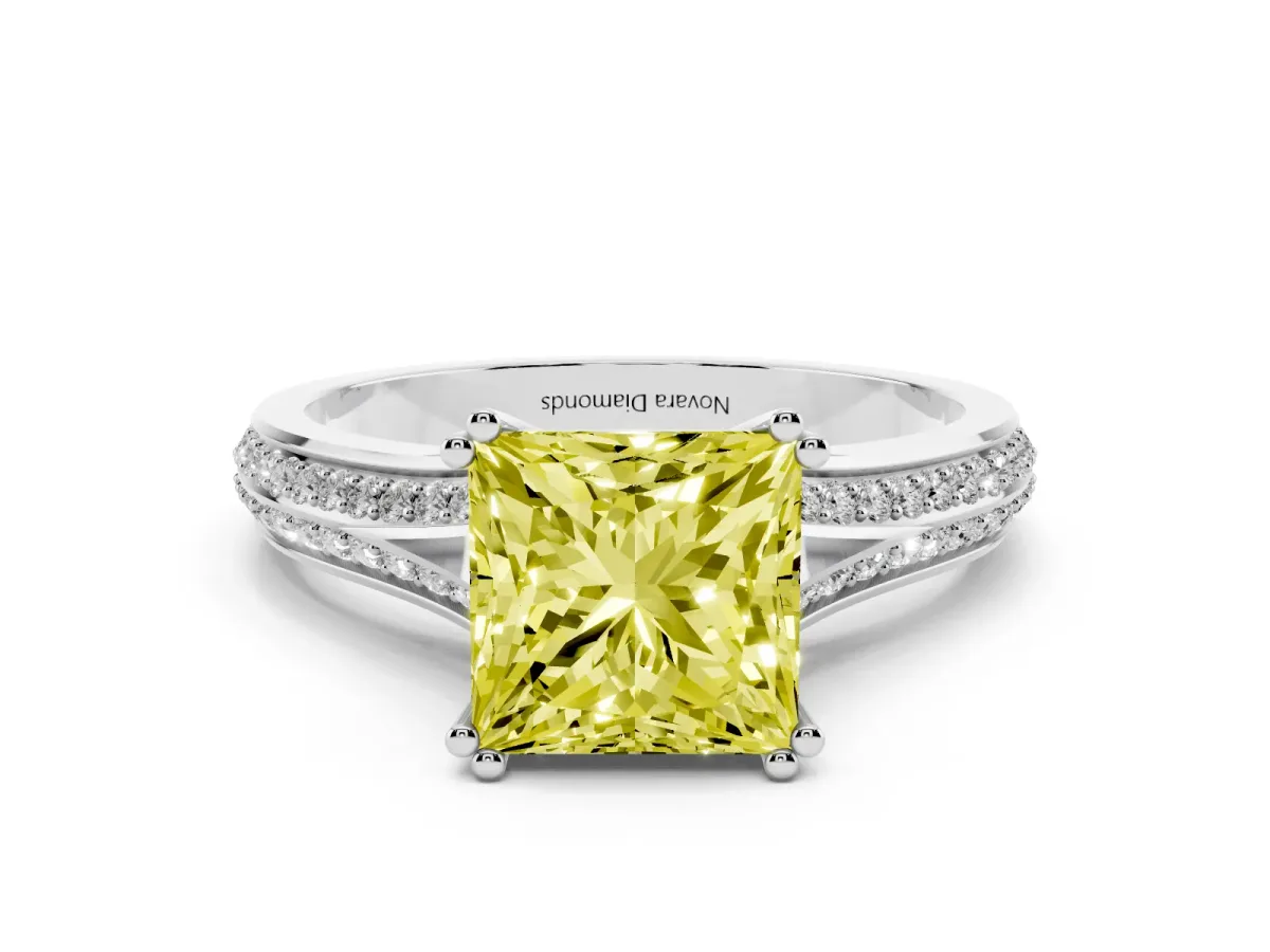Fancy Yellow Princess Cut Diamond Split Shank Pavé Engagement Ring Set in Silver with Prong-Set Center Stone