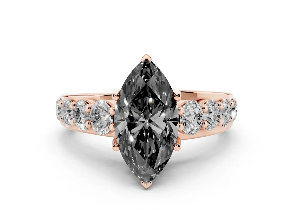 Fancy Black Marquise Cut Diamond Pavé Engagement Ring Set in Rose gold with Prong Setting