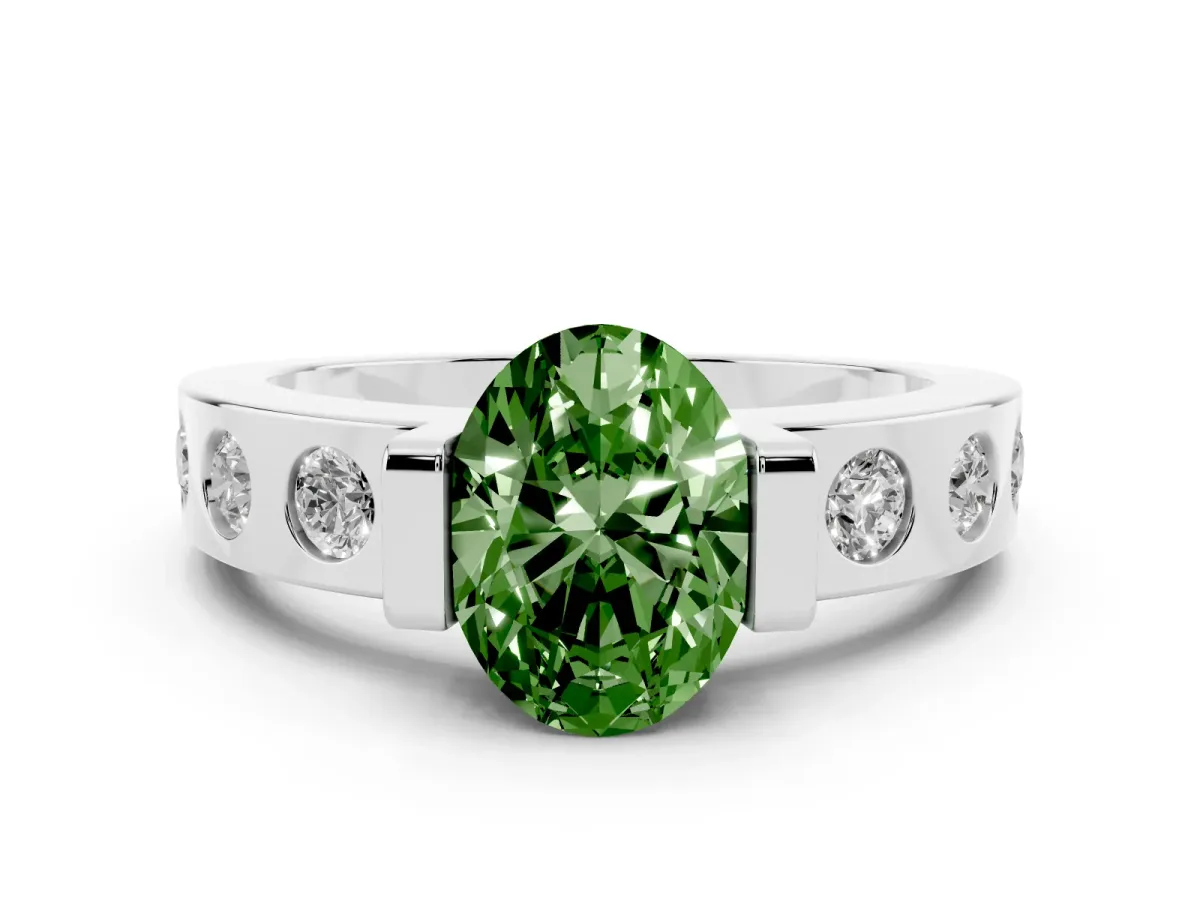 Fancy Green Oval Cut Diamond Channel-Set Band Ring Set in Platinum with Bezel Prong Setting