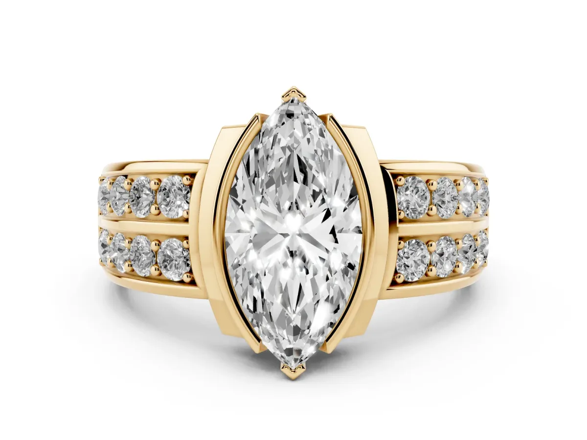 Marquise Cut Diamond Wide Channel Set Band Ring Set in Yellow gold with Bezel Setting