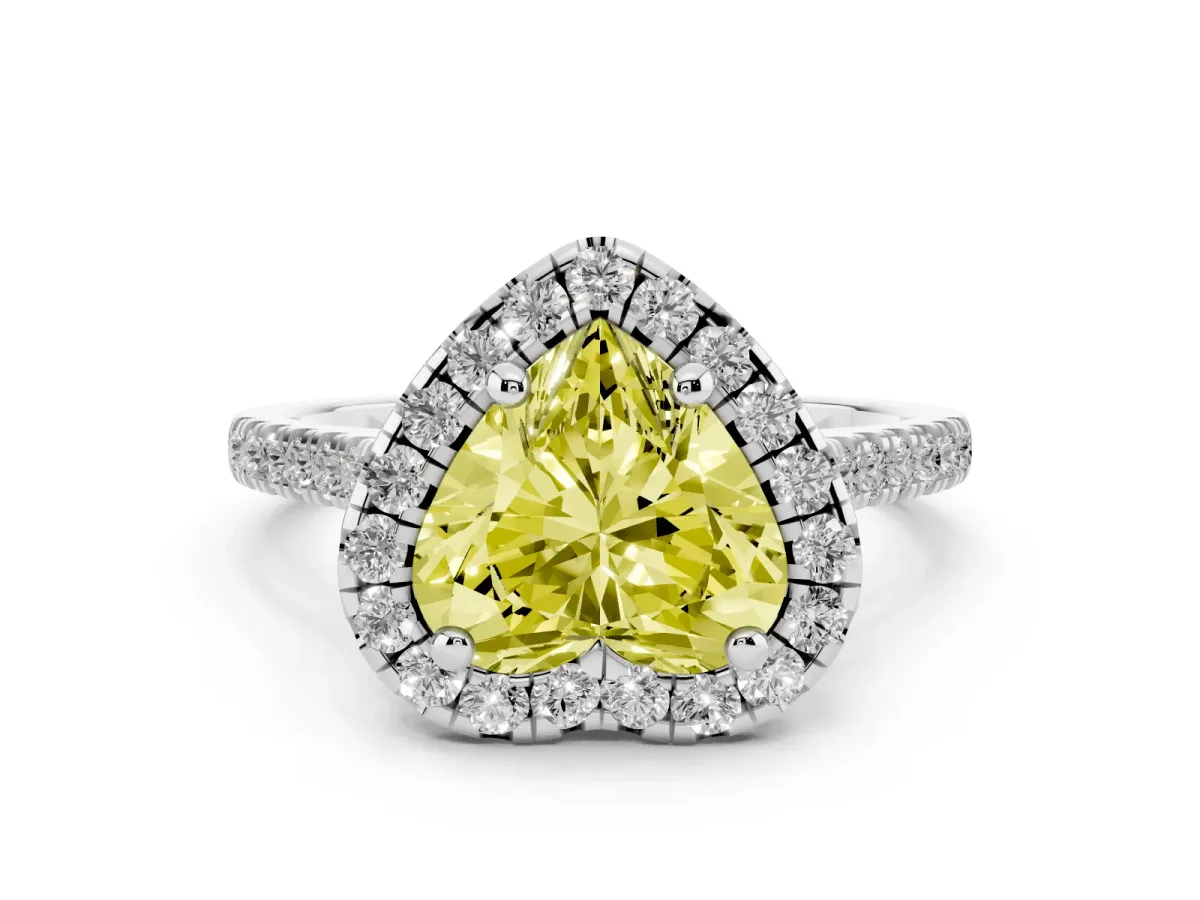 Fancy Yellow Heart Cut Diamond Cushion Halo Ring Set in White gold with Pavé Band