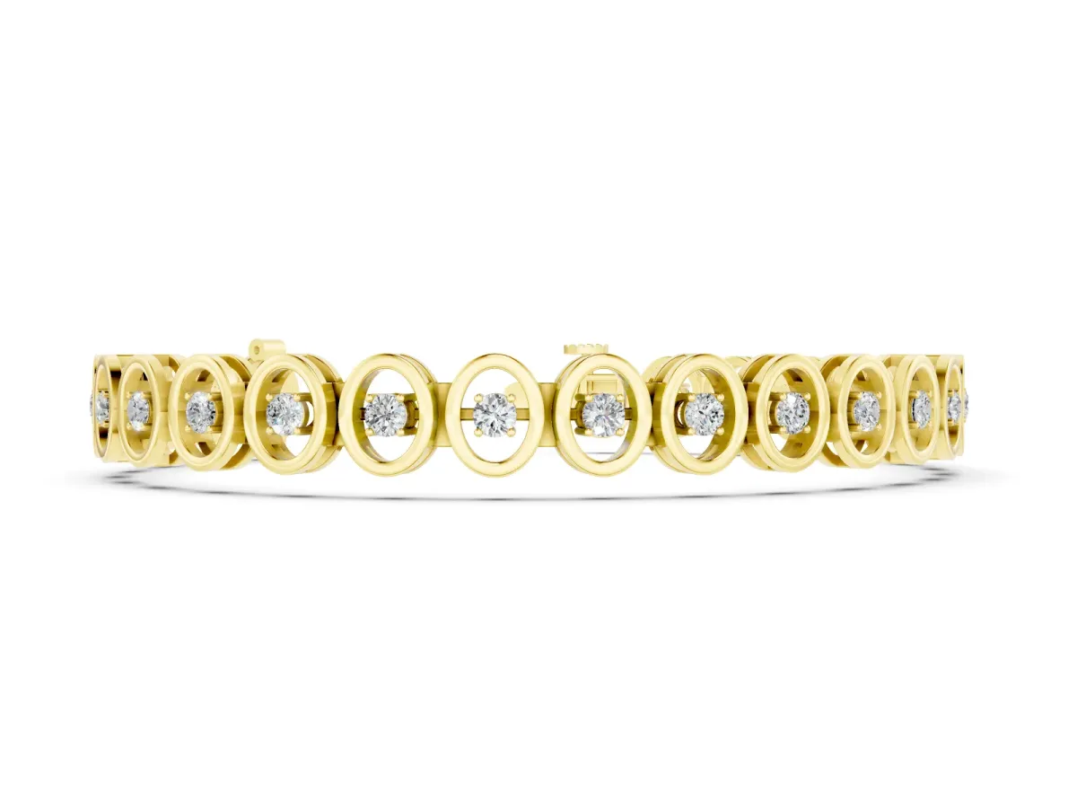 Round Diamond Tennis Bracelet Set in Yellow gold with Oval Bezels and Four-Prong Setting