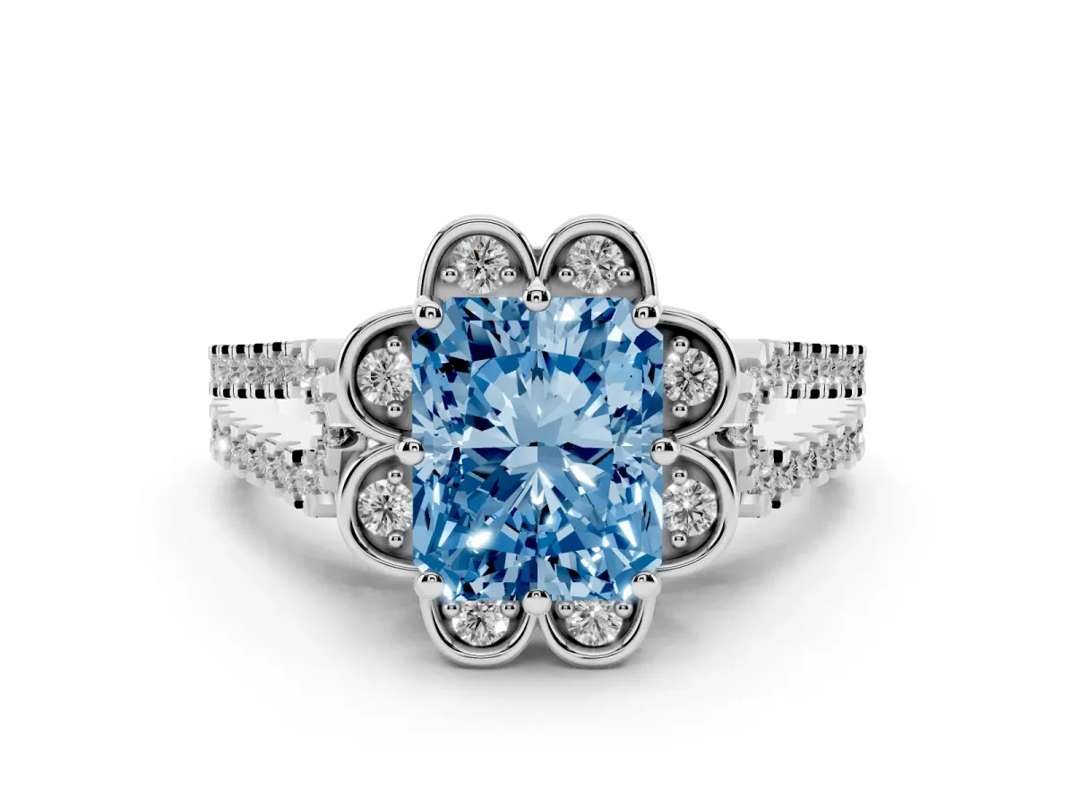 Fancy Blue Radiant Cut Diamond Floral Halo Split Shank Engagement Ring Set in Silver with Pavé Shank