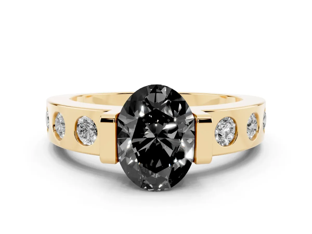 Fancy Black Oval Cut Diamond Channel-Set Band Ring Set in Yellow gold with Bezel Prong Setting