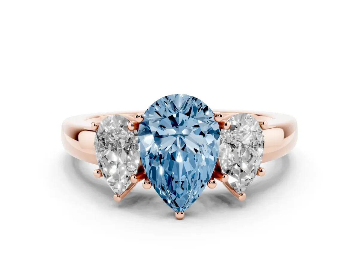 Fancy Blue Pear Cut Diamond Three-Stone Ring Set in Rose gold with Bold Center and Classic Band