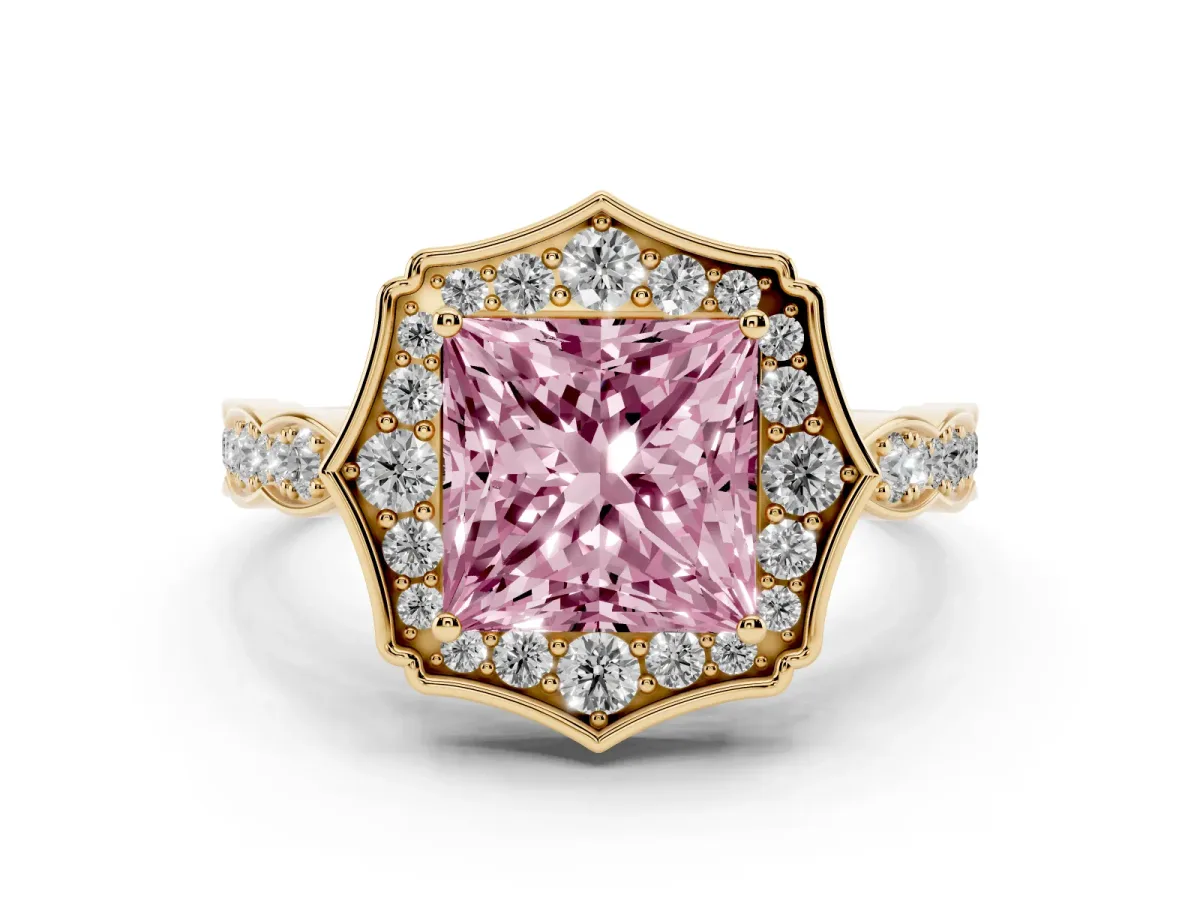 Fancy Pink Princess Cut Diamond Halo Engagement Ring Set in Yellow gold with Milgrain Band and Prong Setting