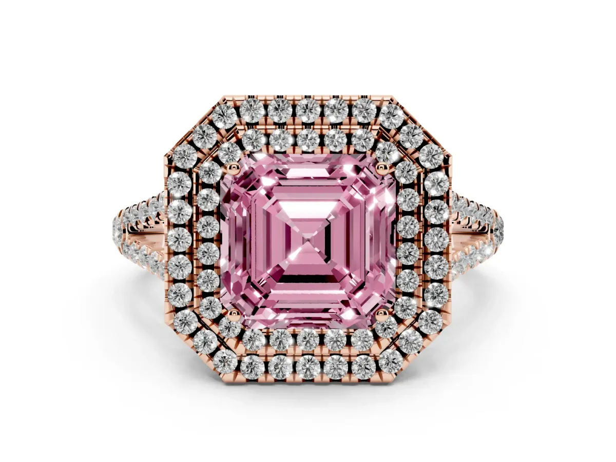 Fancy Pink Asscher Cut Diamond Double Halo Ring Set in Rose gold with Pavé Band