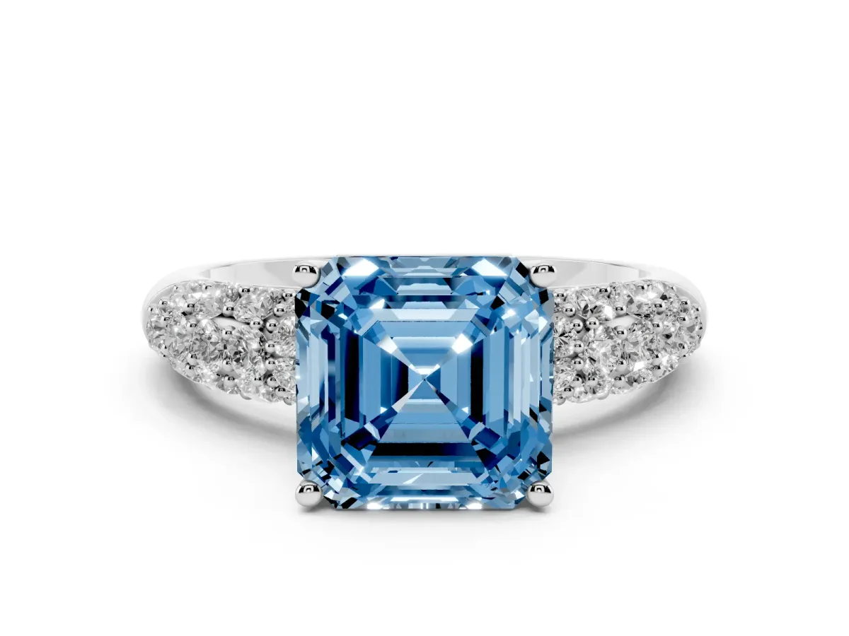Fancy Blue Asscher Cut Diamond Pavé Band Solitaire Ring Set in White gold with Close-Set Accent Stones and Prong Setting