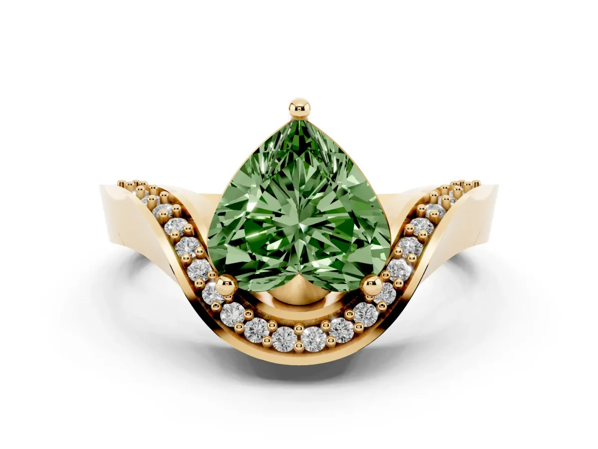 Fancy Green Heart Cut Diamond Solitaire Engagement Ring Set in Yellow gold with Pavé Shoulders