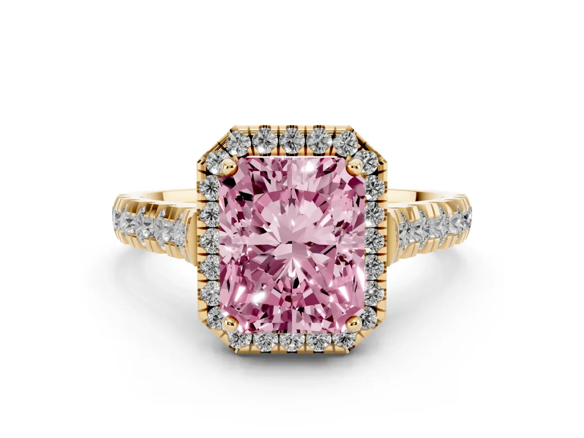 Fancy Pink Radiant Cut Diamond Halo Engagement Ring Set in Yellow gold with Pavé Band and Prong-Set Center