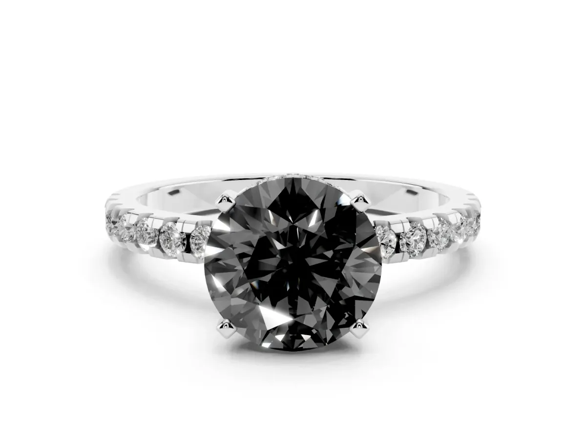 Fancy Black Round Cut Diamond Pavé Solitaire Ring Set in White gold with Round Band Accents and Prong Setting