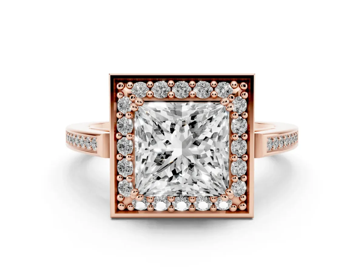 Princess Cut Diamond Halo Ring Set in Rose gold with Accent-Lined Split Shank and Prong Setting