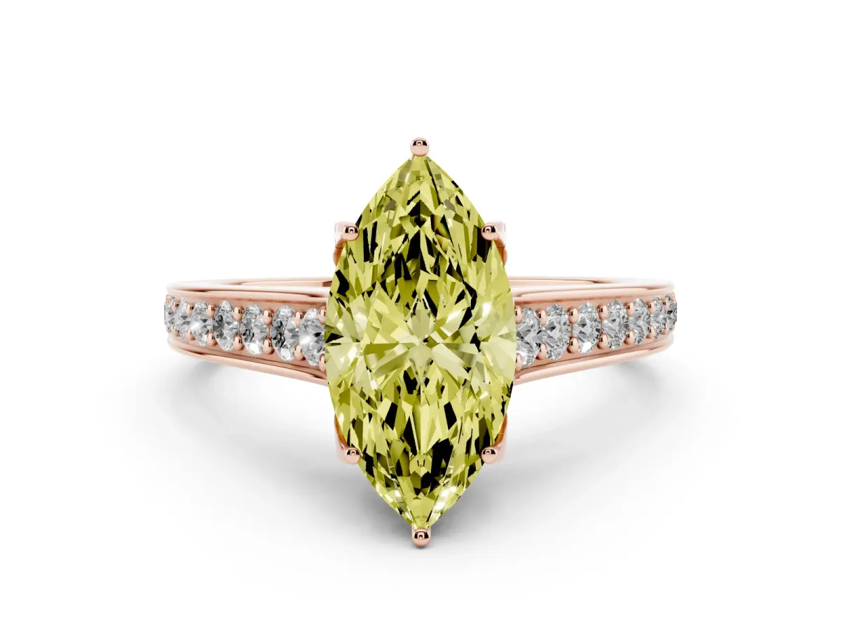 Fancy Yellow Marquise Cut Diamond Solitaire Pavé Engagement Ring Set in Rose gold with Prong Setting