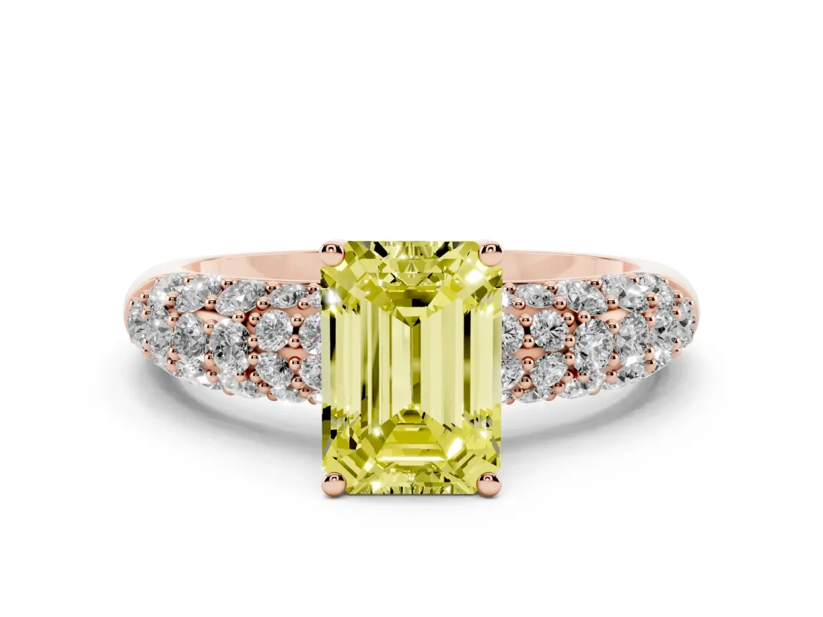 Fancy Yellow Emerald Cut Diamond Pavé Band Solitaire Ring Set in Rose gold with Close-Set Accent Stones and Prong Setting