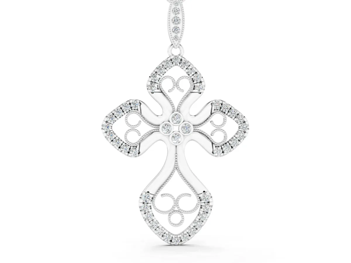 Round Diamond Cross Pendant Set in Silver with Pavé and Milgrain Edge