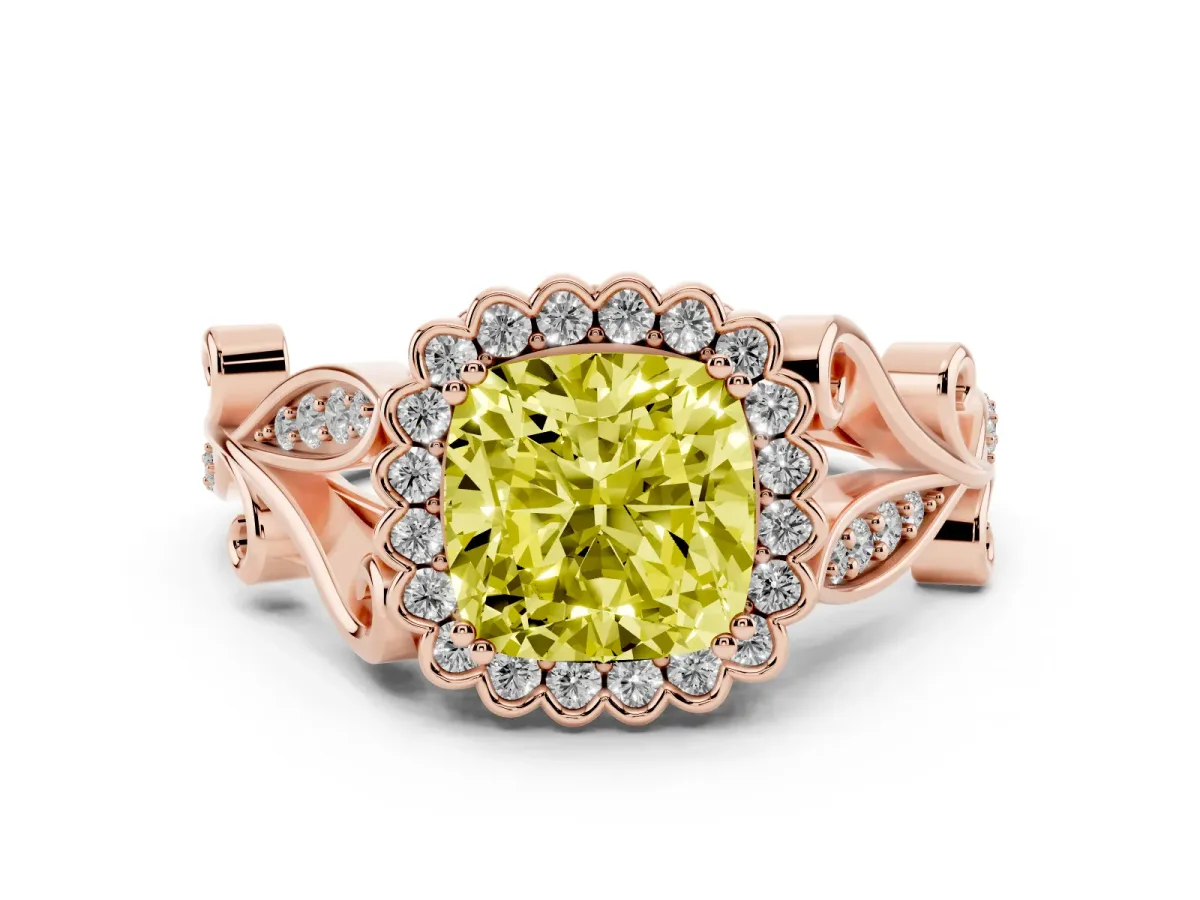 Fancy Yellow Cushion Cut Diamond Halo Ring Set in Rose gold with Leaf Motif Split Shank and Prong Setting