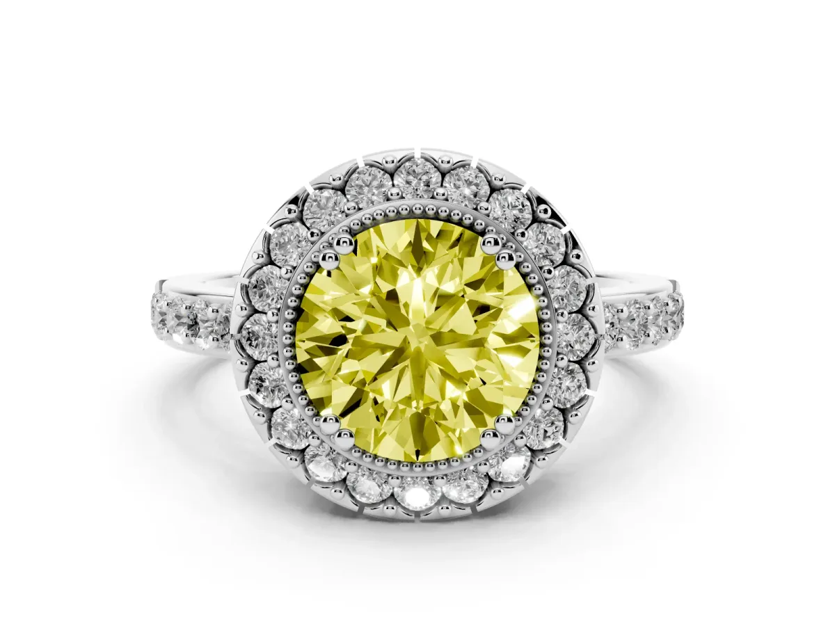 Fancy Yellow Round Cut Diamond Halo Ring Set in Silver with Pavé Shank and Prong Setting