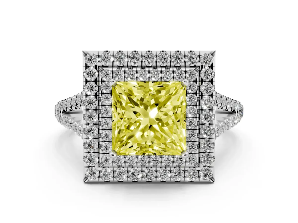 Fancy Yellow Princess Cut Diamond Double Halo Ring Set in Platinum with Pavé Band