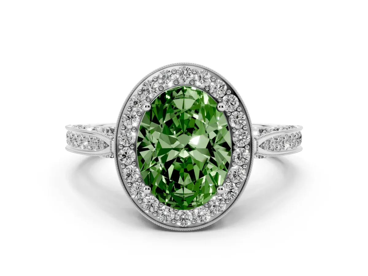 Fancy Green Oval Cut Diamond Halo Engagement Ring Set in White gold with Accent Split Shank Band
