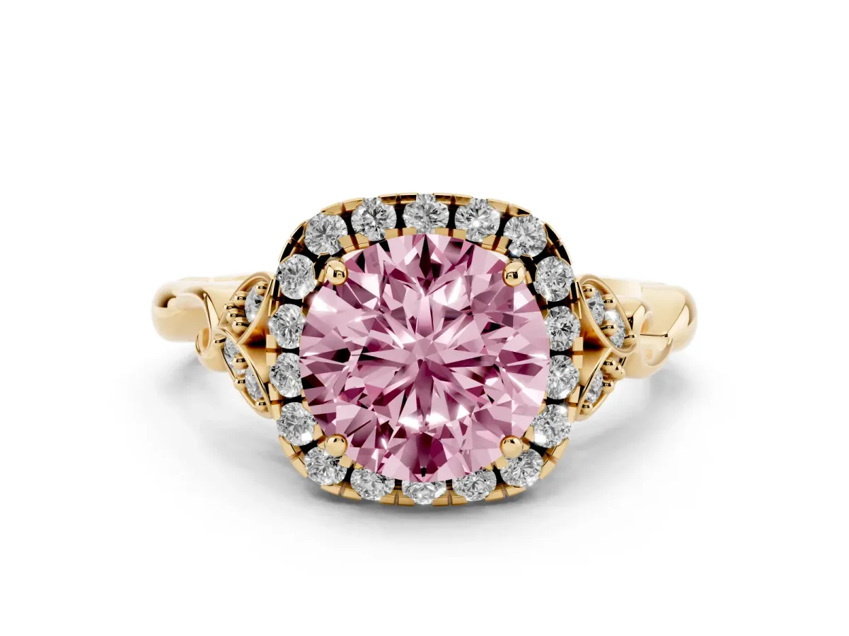 Fancy Pink Round Cut Diamond Halo Engagement Ring Set in Yellow gold with Vintage-Inspired Band and Prong Setting