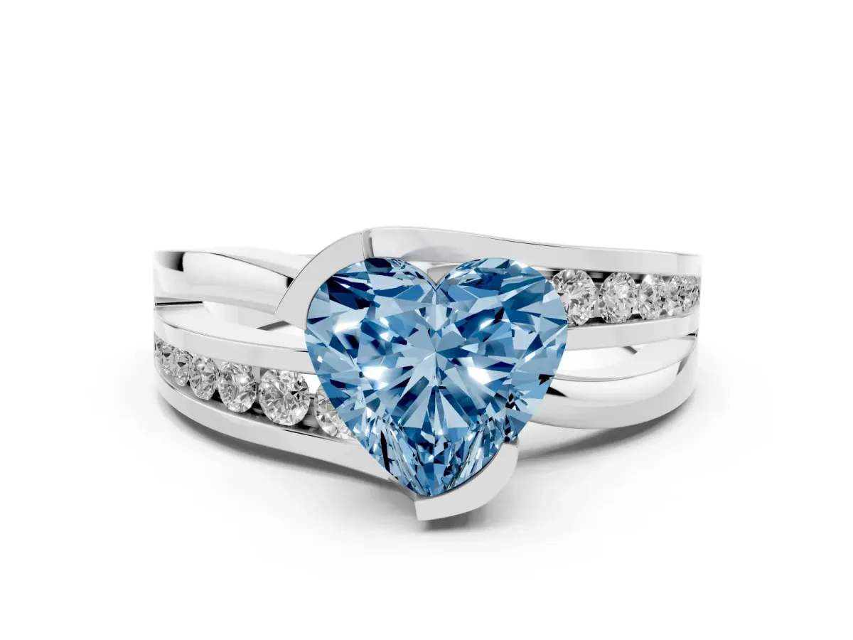 Fancy Blue Heart Cut Diamond Solitaire Ring Set in Silver with Channel Set Split Shank and Tension Prongs