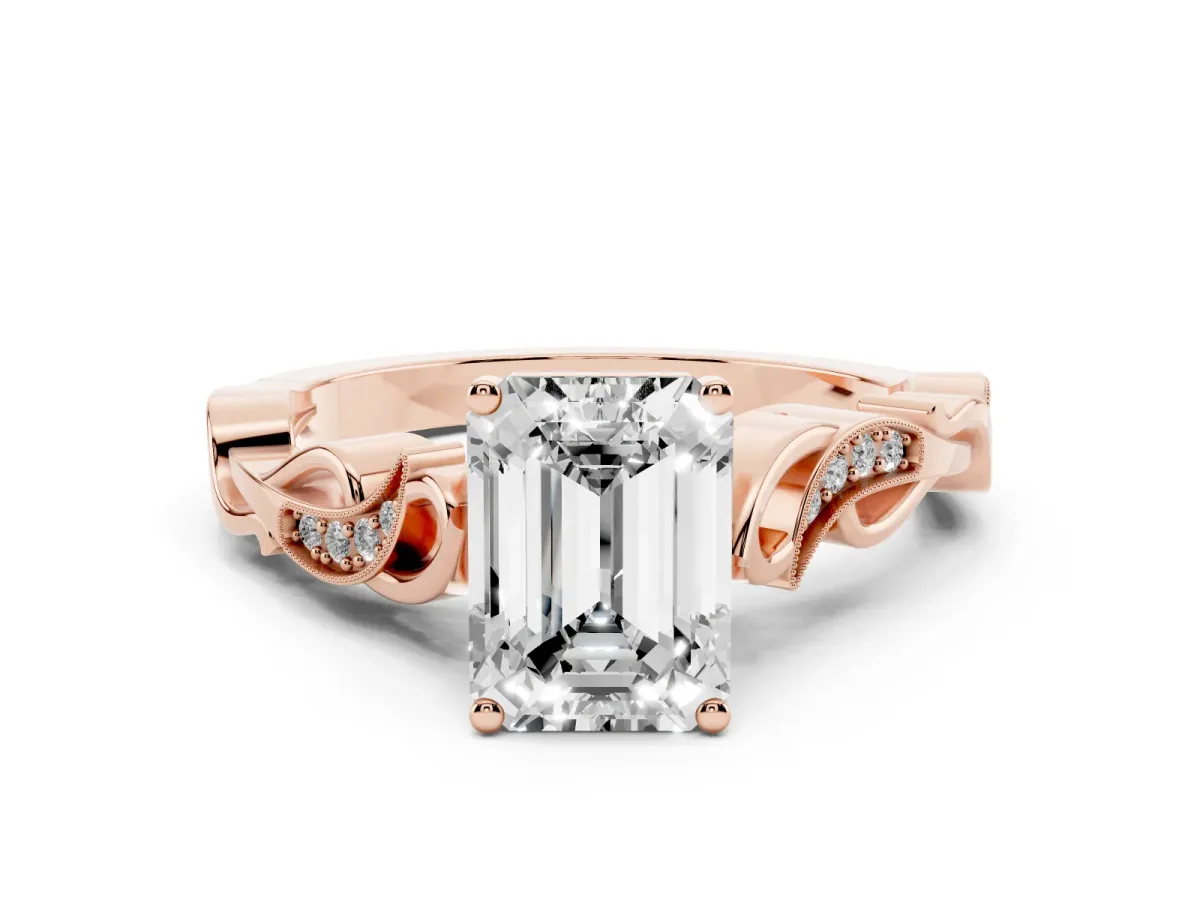Emerald Cut Diamond Vine Band Solitaire Ring Set in Rose gold with Milgrain Prong Setting