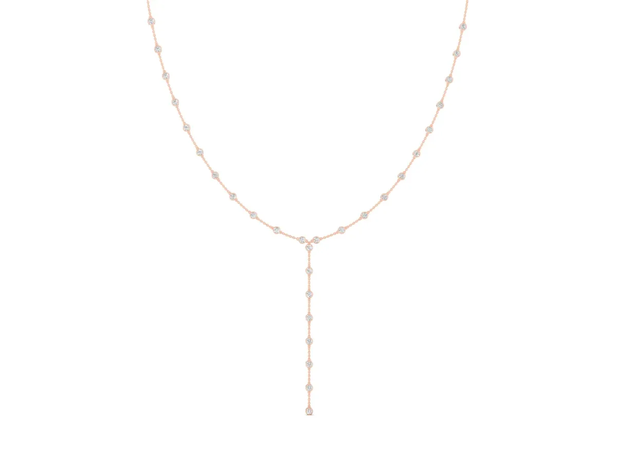 Round Diamond Station Y Necklace Set in Rose gold with Bezel Setting