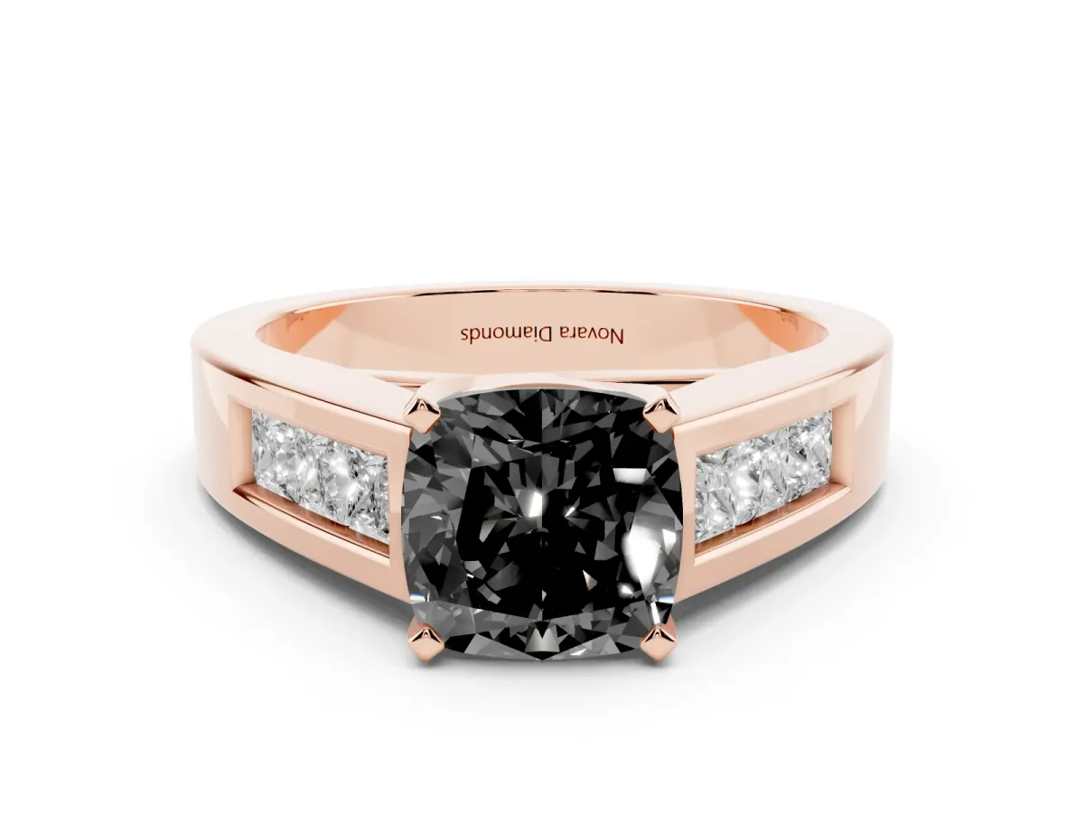 Fancy Black Cushion Cut Diamond Solitaire Ring Set in Rose gold with Channel-Set Accent Stones and Prong Setting