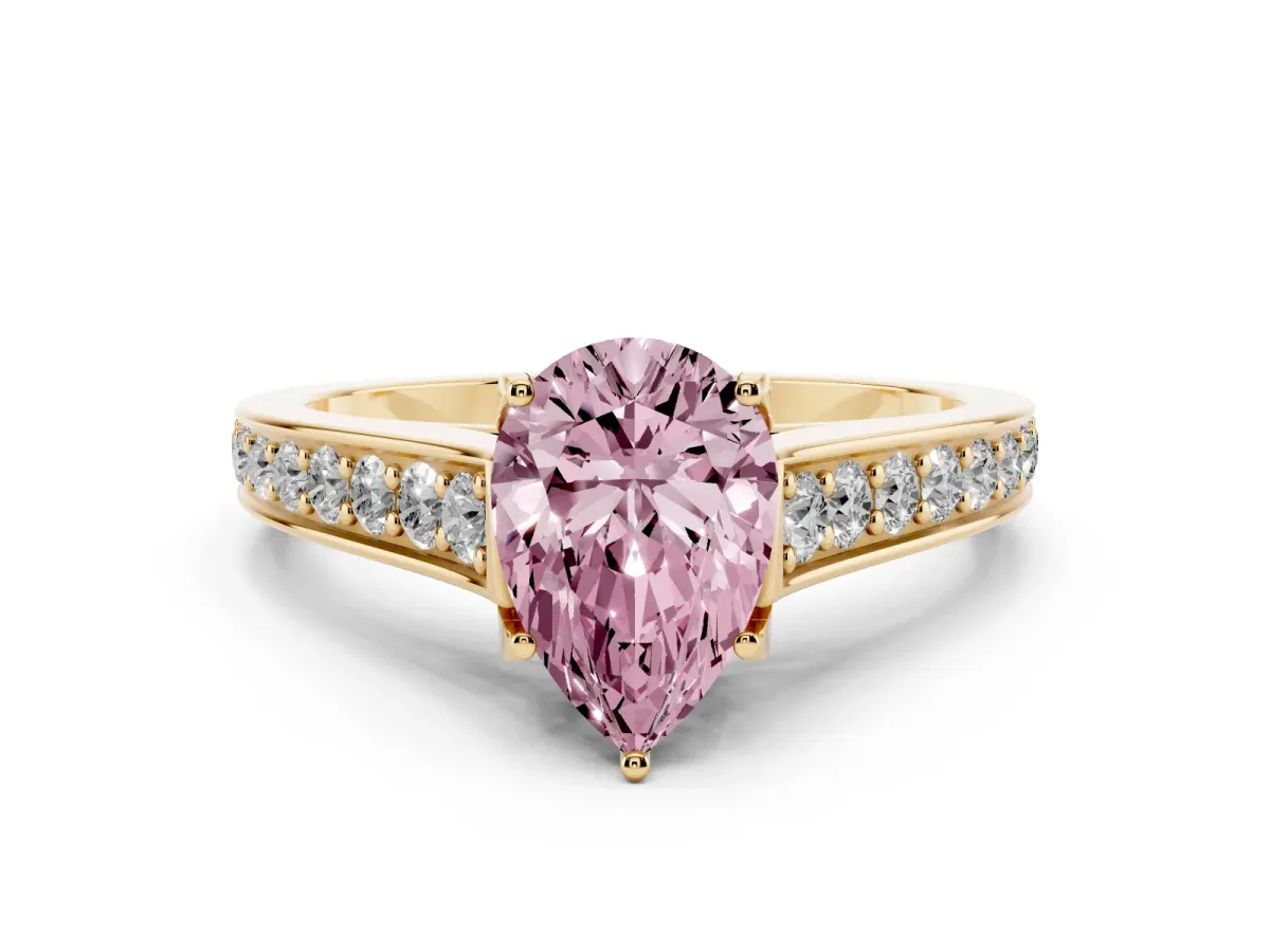 Fancy Pink Pear Cut Diamond Solitaire Pavé Engagement Ring Set in Yellow gold with Prong Setting