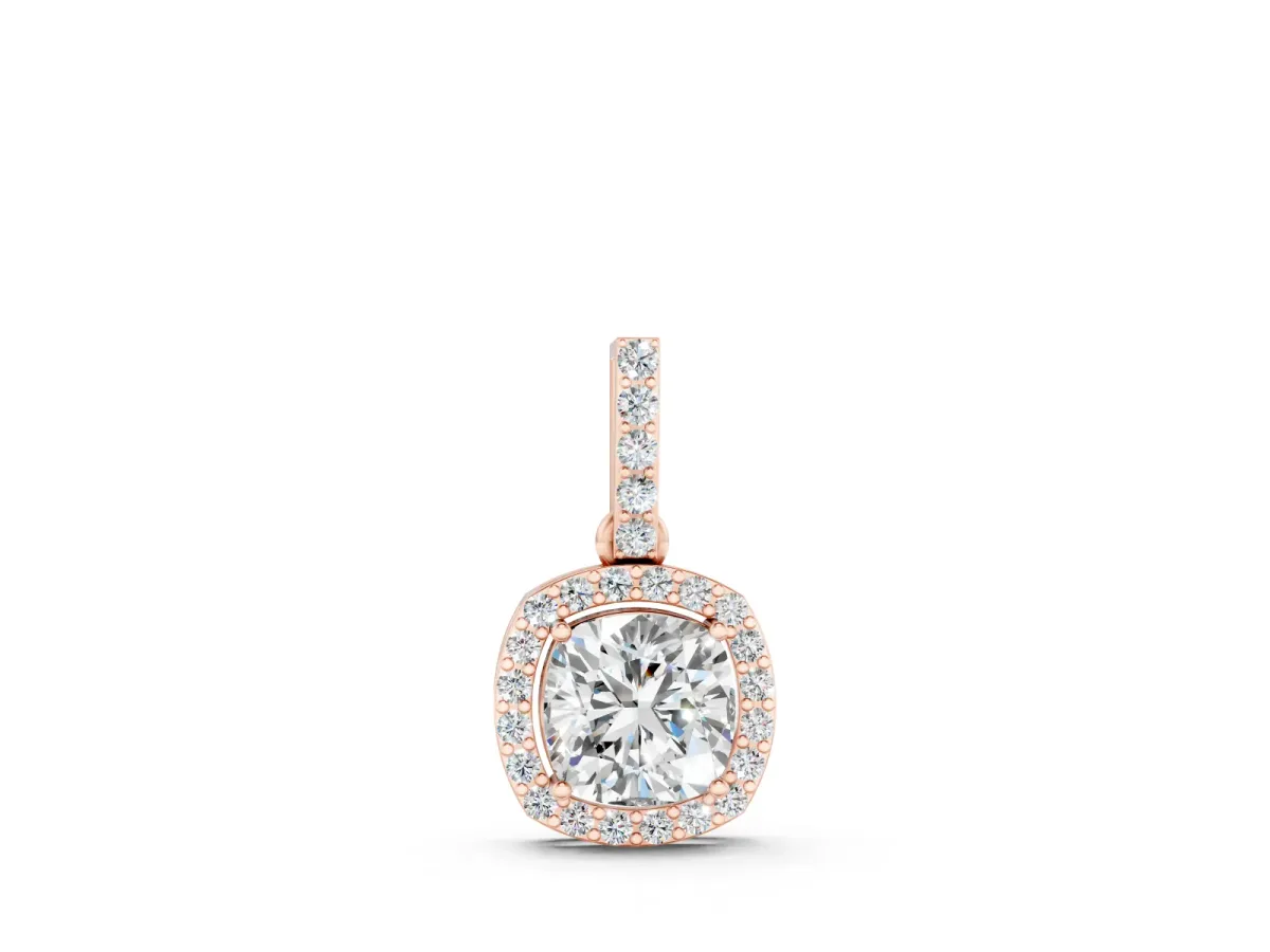 Cushion Diamond Halo Pendant Set in Rose gold with Prong-Set Center