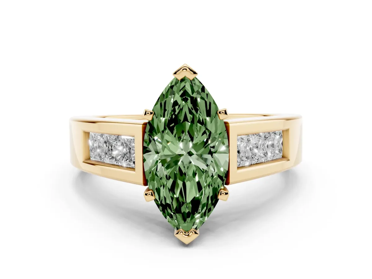 Fancy Green Marquise Cut Diamond Solitaire Ring Set in Yellow gold with Channel-Set Accent Stones and Prong Setting