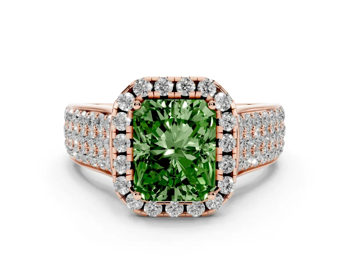Fancy Green Radiant Cut Diamond Halo Ring Set in Rose gold with Pavé Band and Raised Center Setting
