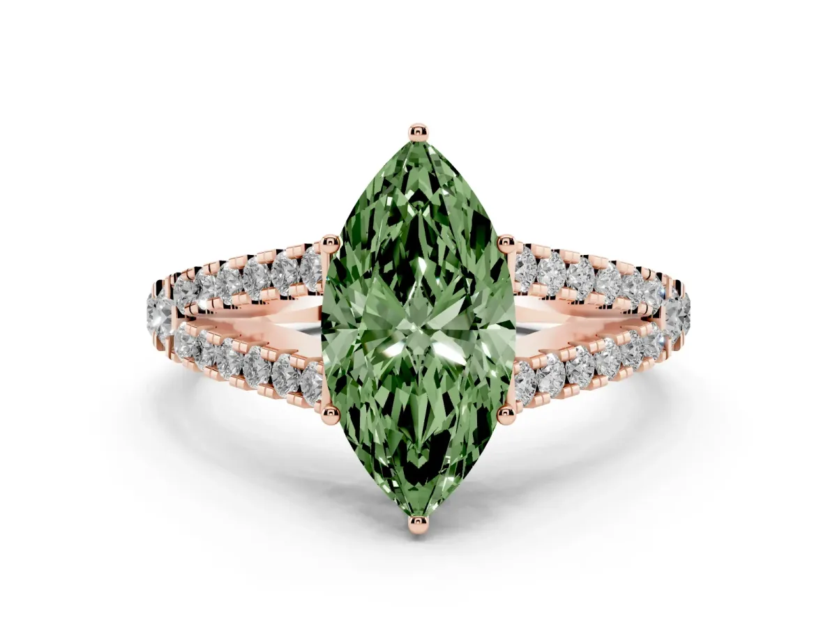 Fancy Green Marquise Cut Diamond Split Shank Pavé Engagement Ring Set in Rose gold with Prong-Held Center Stone