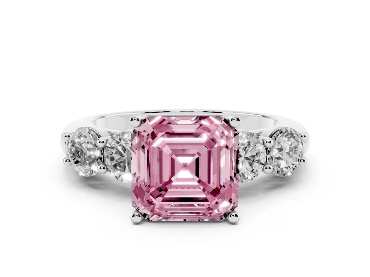 Fancy Pink Asscher Cut Diamond Five-Stone Prong Set Ring Set in Silver with Classic Band