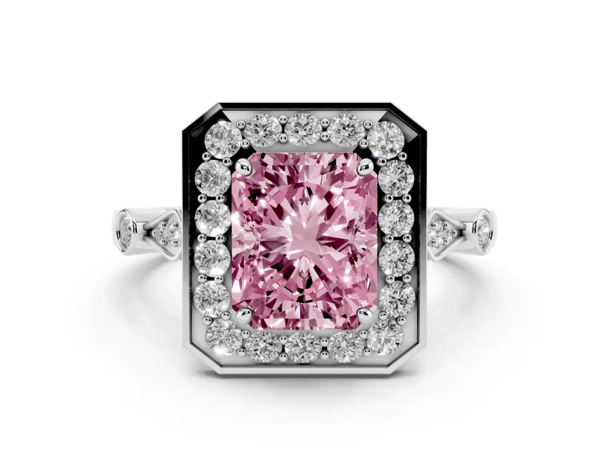 Fancy Pink Radiant Cut Diamond Halo Engagement Ring Set in White gold with Twisted Band and Prong Setting