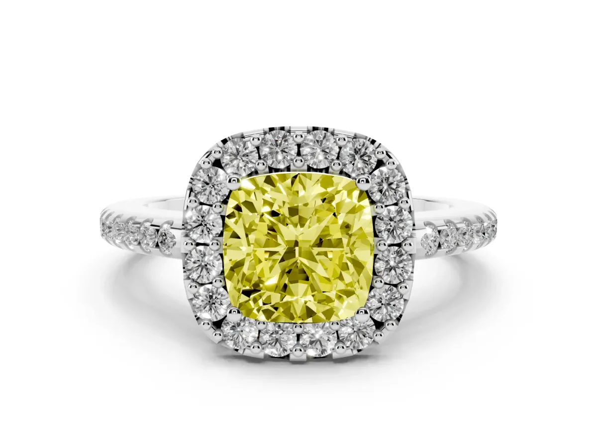 Fancy Yellow Cushion Cut Diamond Pavé Halo Ring Set in White gold with Prong Setting