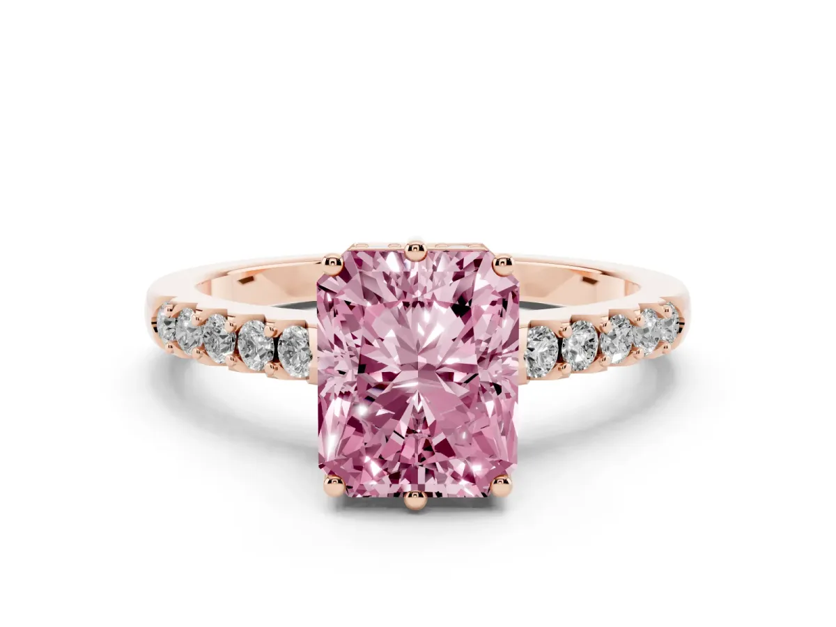 Fancy Pink Radiant Cut Diamond Solitaire Engagement Ring Set in Rose gold with Pavé Band and Prong Setting