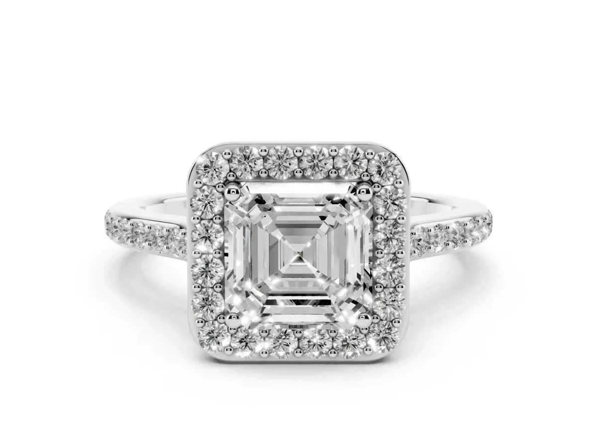 Asscher Cut Diamond Halo Engagement Ring Set in White gold with Round Pavé Shoulders and Heart Gallery