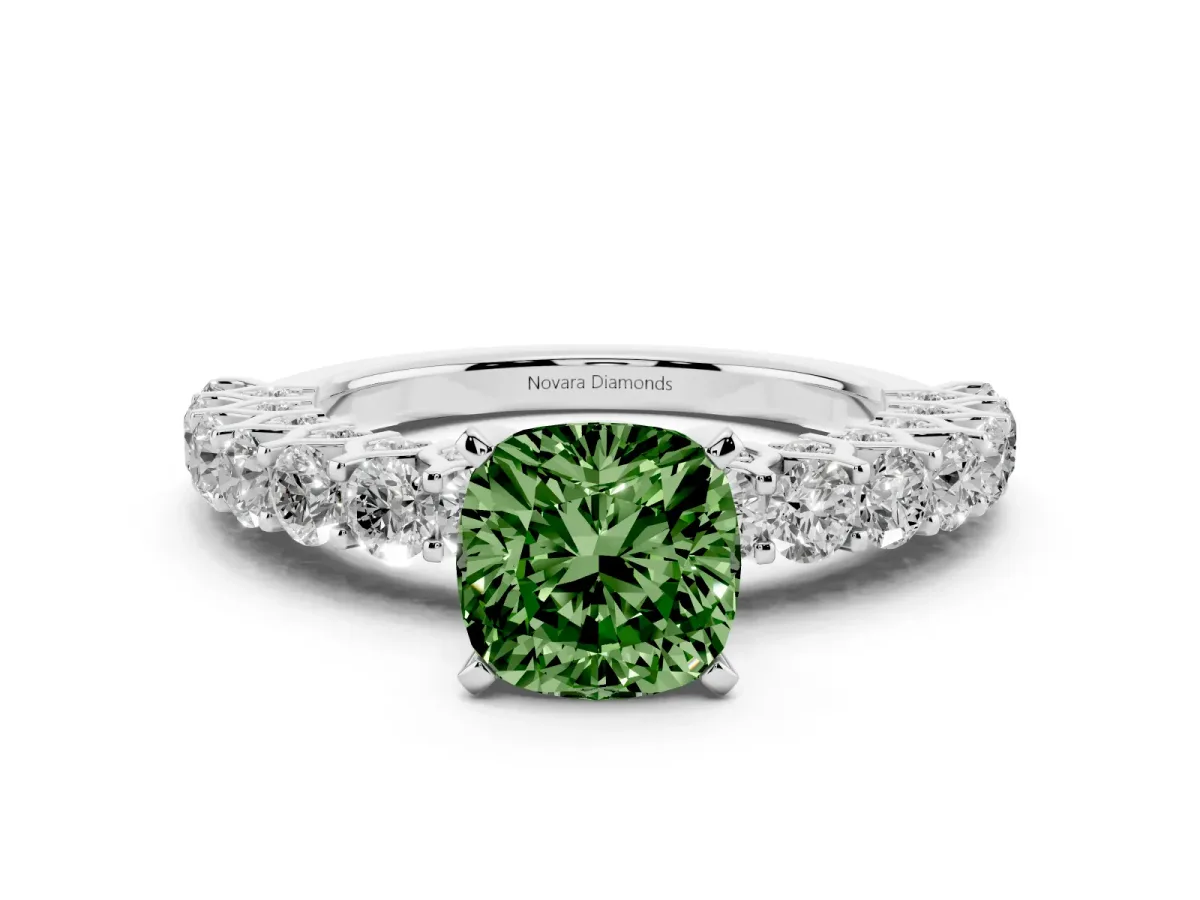 Fancy Green Cushion Cut Diamond Solitaire Ring Set in White gold with Shared Prong Pavé Band