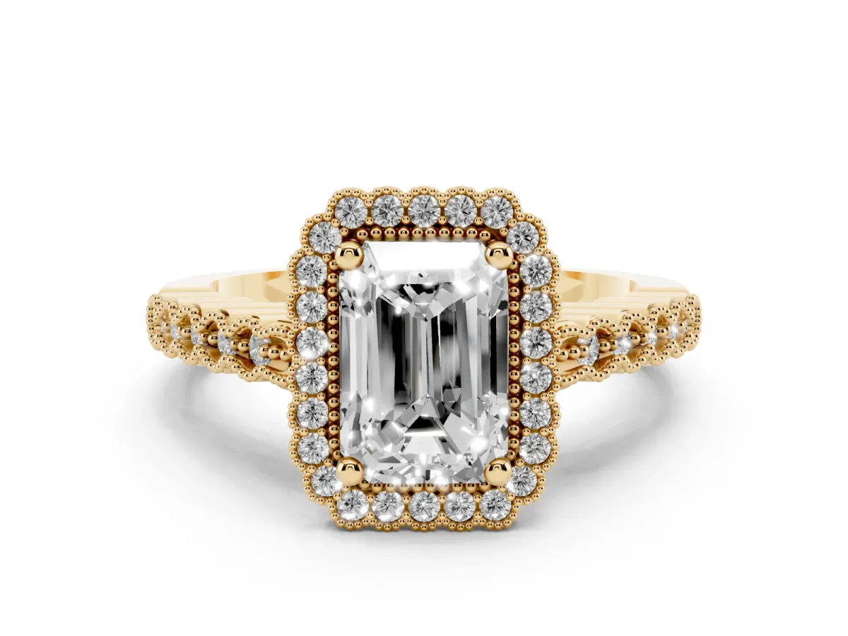 Radiant Cut Diamond Halo Ring Set in Yellow gold with Pavé Milgrain Band