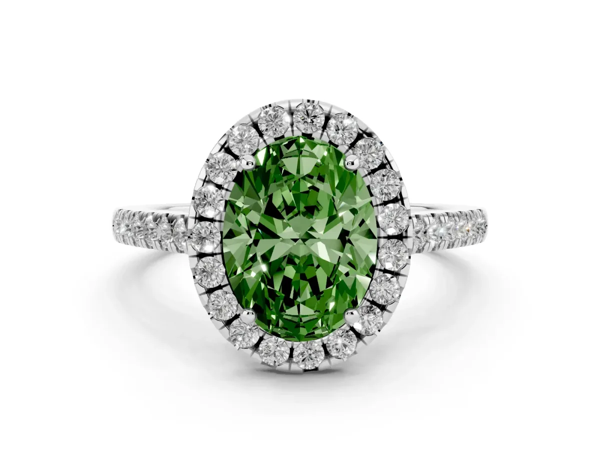 Fancy Green Oval Cut Diamond Pavé Halo Engagement Ring Set in Silver with Pavé Band and Prong Setting