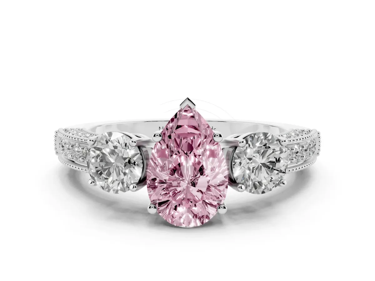 Fancy Pink Pear Cut Diamond Three-Stone Ring Set in White gold with Round Side Stones and Pavé Band