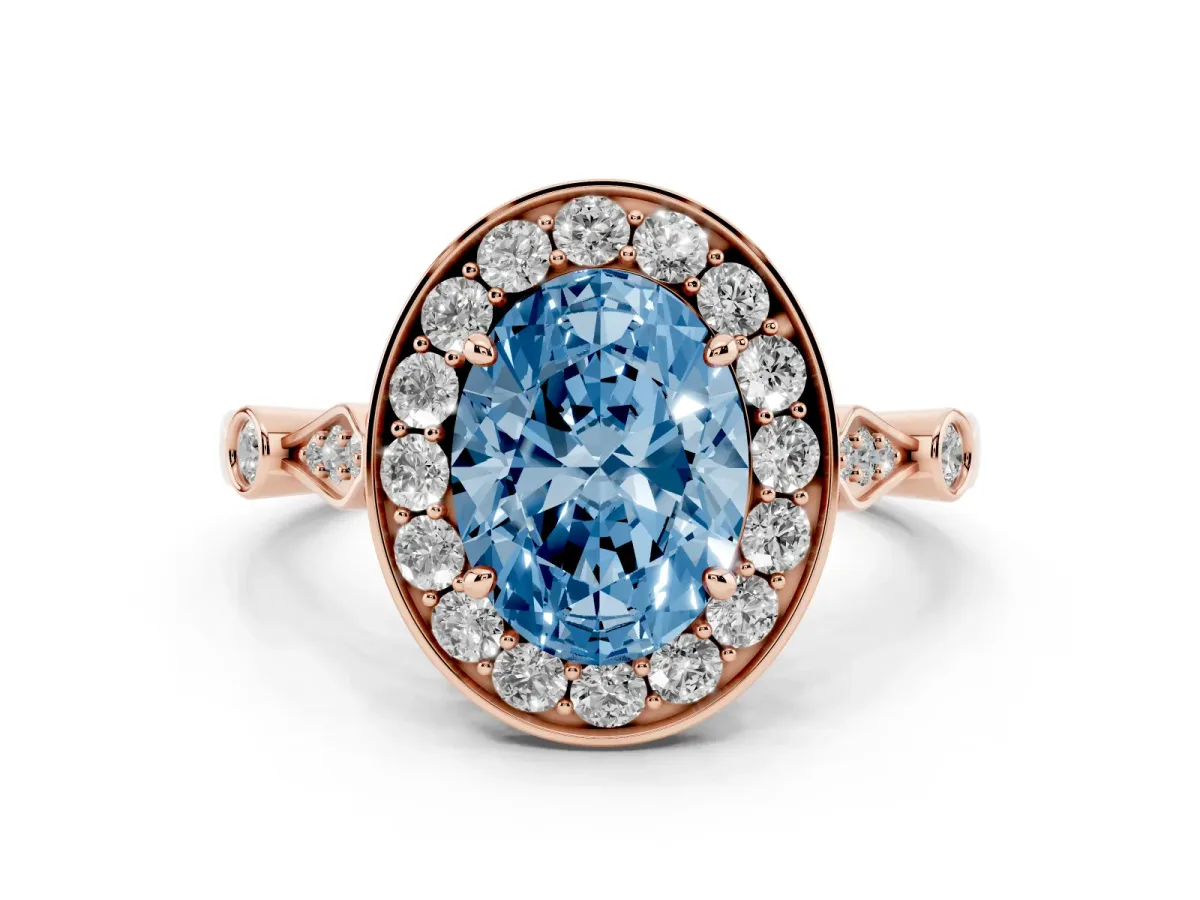 Fancy Blue Oval Cut Diamond Halo Engagement Ring Set in Rose gold with Twisted Band and Prong Setting