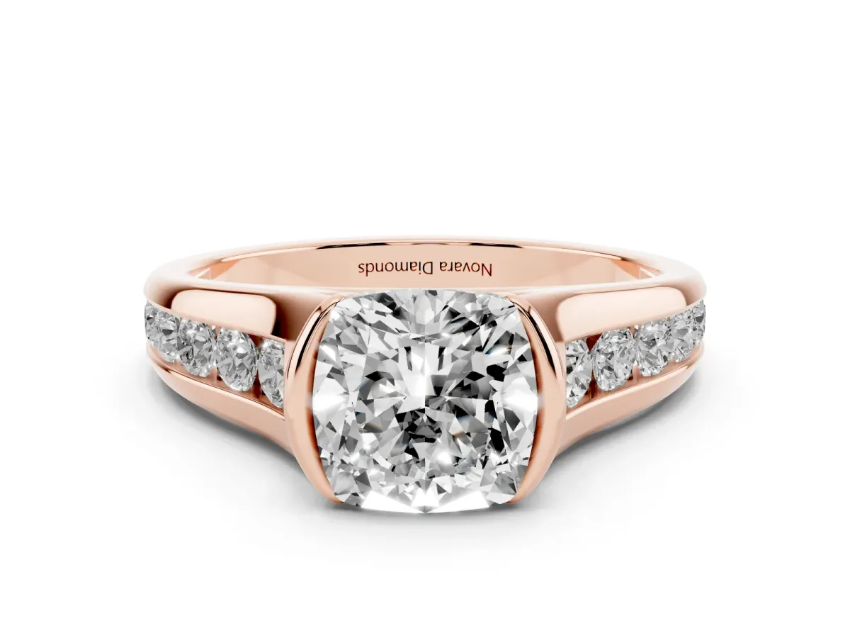 Cushion Cut Diamond Bezel-Set Solitaire Ring Set in Rose gold with Channel-Set Band