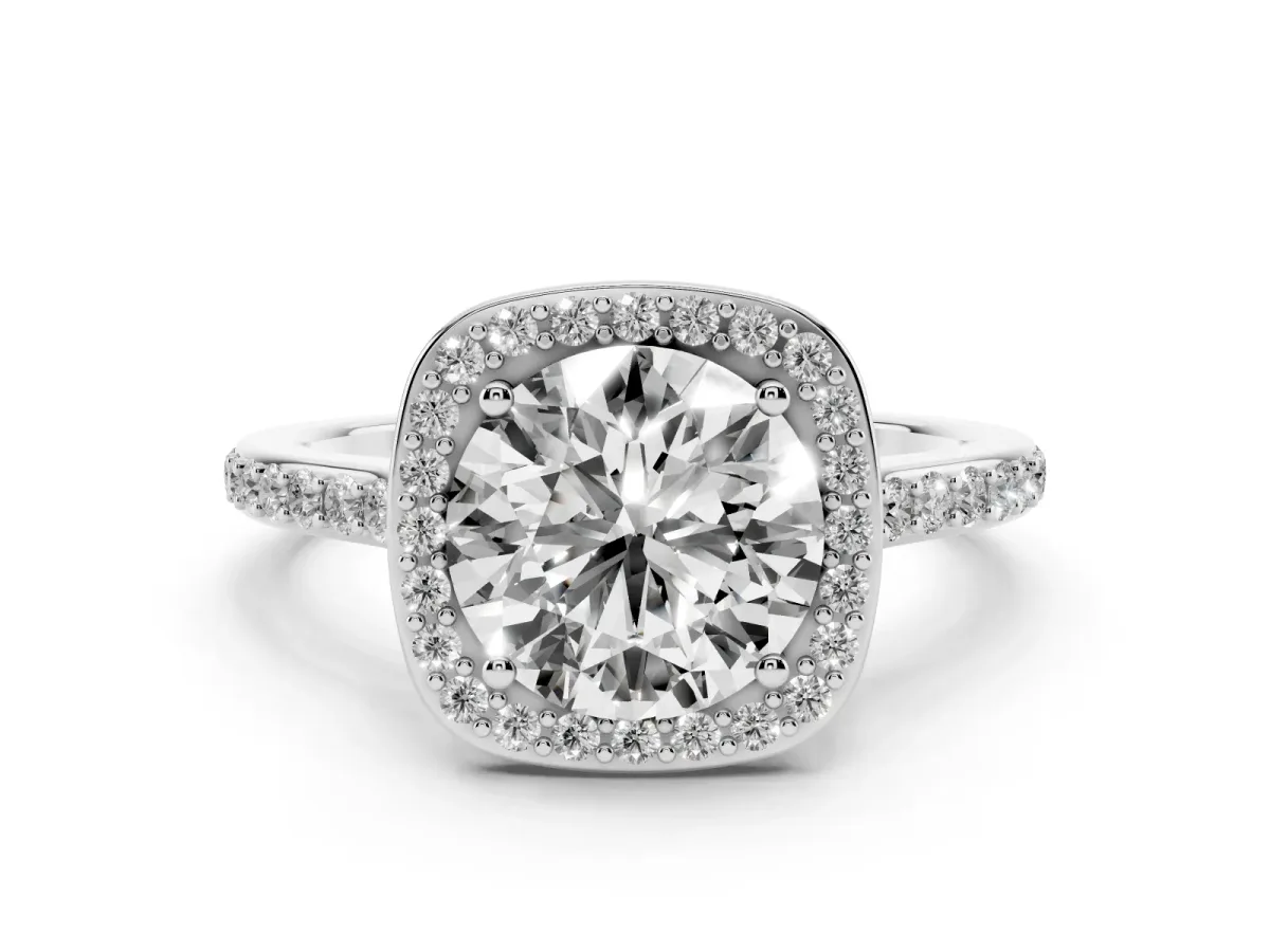 Round Cut Diamond Halo Engagement Ring Set in White gold with Round Pavé Shoulders and Heart Gallery