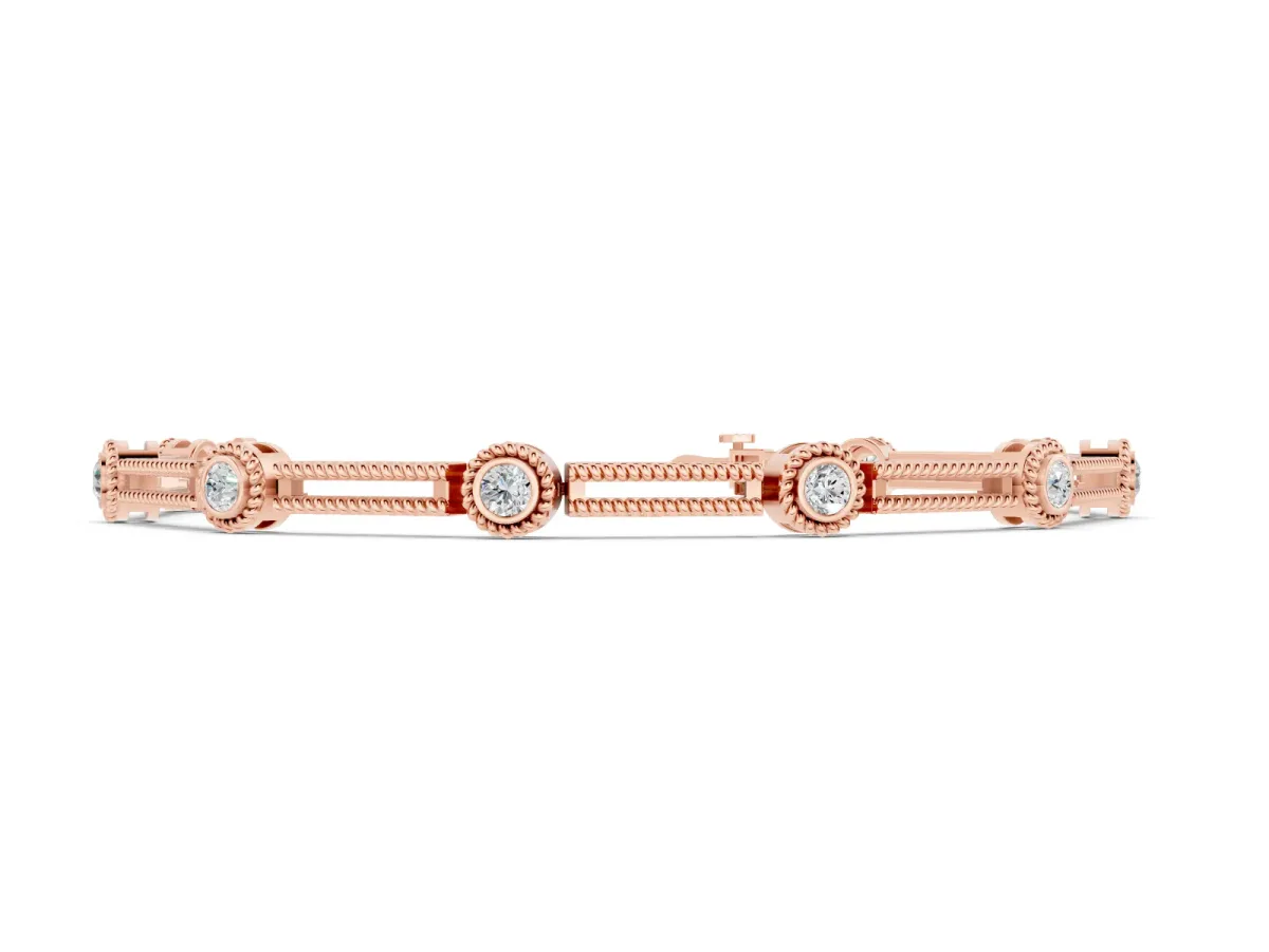Round Diamond Bezel-Set Rope Chain Bracelet Set in Rose gold