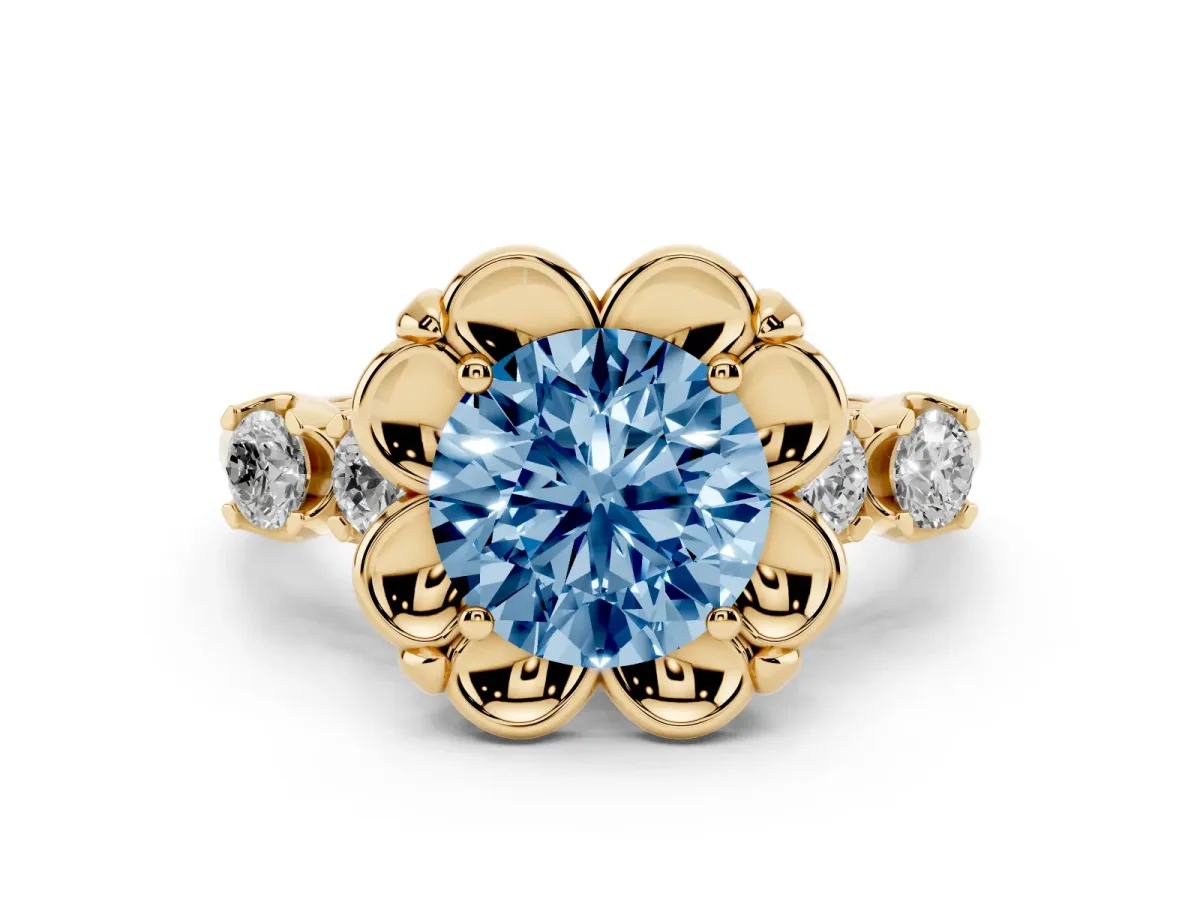 Fancy Blue Round Cut Diamond Floral Halo Ring Set in Yellow gold with Shared Prong Band